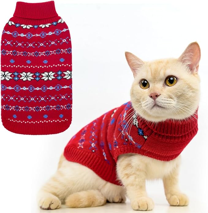 BINGPET Cat Clothes Turtleneck Knitted Sleeveless Cat Sweater - Christmas Outfit for Sphynx & Kitten Puppies(Red,Medium)