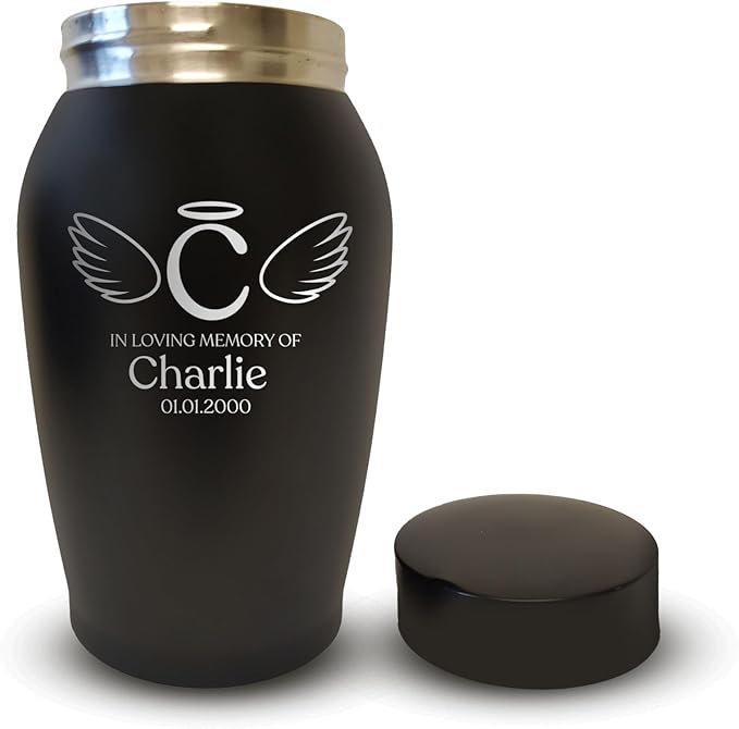 Personalized Custom Small Keepsake Urn Engraved with Pet Name, Date and Cat Design - 5.2" Black Powder Coated Steel Cremation Urn for Cat Ashes | 12-16 lb Capacity, Letters with Angel Wings and Halo