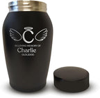 Personalized Custom Small Keepsake Urn Engraved with Pet Name, Date and Cat Design - 5.2" Black Powder Coated Steel Cremation Urn for Cat Ashes | 12-16 lb Capacity, Letters with Angel Wings and Halo
