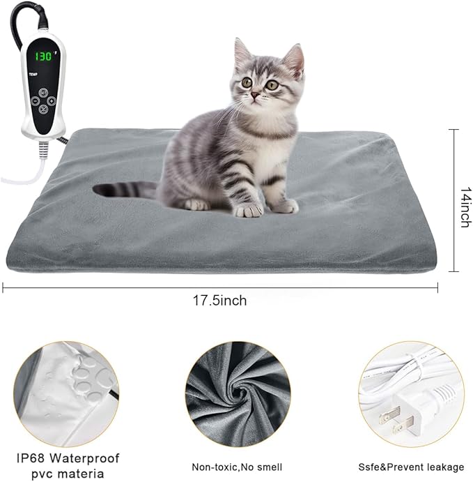 RIOGOO Pet Heating Pad, Upgraded Electric Dog Cat Heating Pad Indoor Waterproof, Auto Power Off (S 17.5"x 14", Grey)