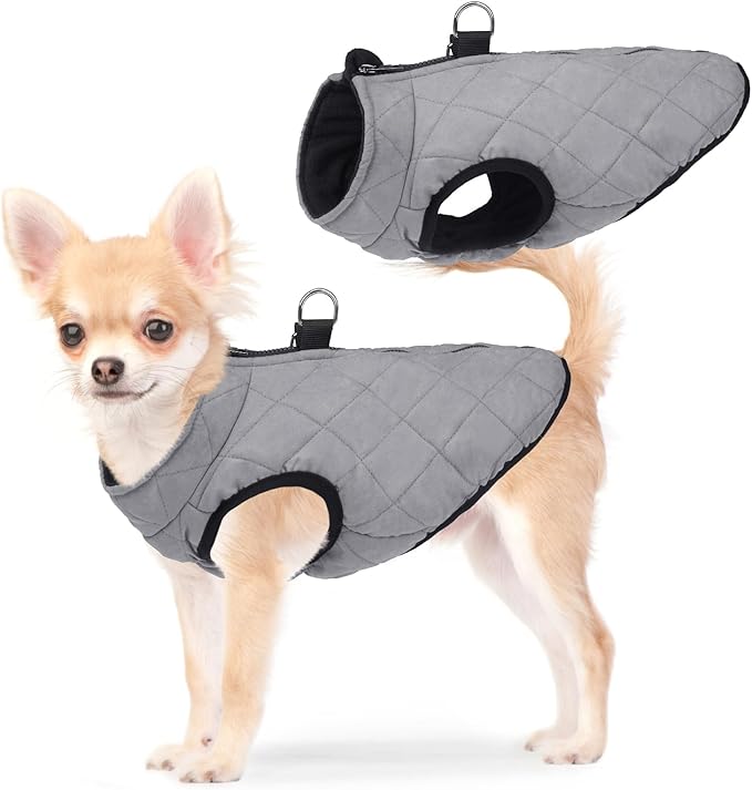SCENEREAL Winter Dog Vest Coat with Harness Built In, Warm Puppy Jacket for Small Medium Dogs, Cold Weather Coat with Zipper, Fleece Puffer Vest Windproof Snow Clothes