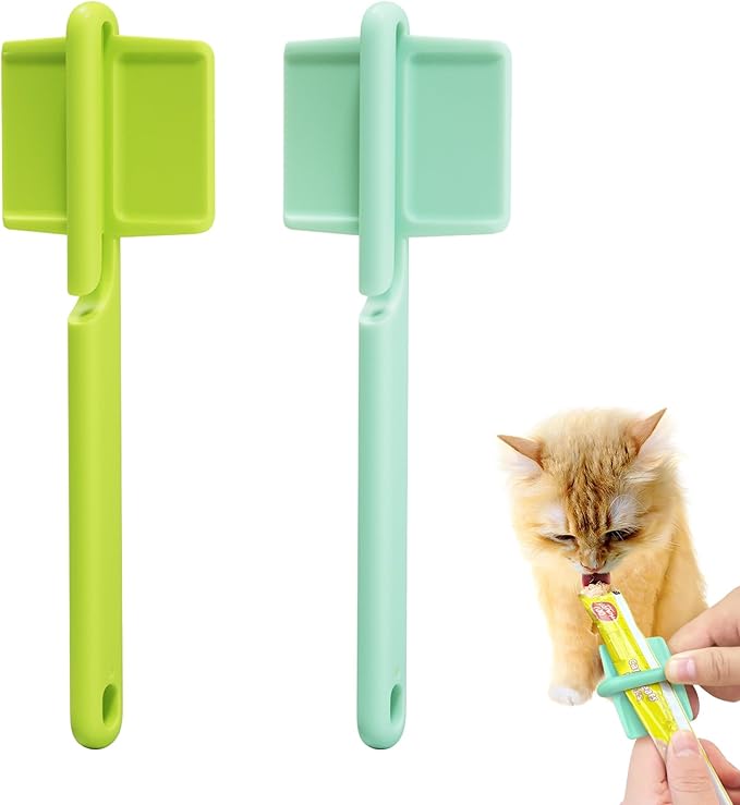 2pcs Cat Strip Feeders, Kitten Strip Squeeze Spoon for Wet Food and Liquid Snack, Cat Lickable Puree Treat Food Dispenser Pet Food Mixing Spoon Feeding Scoop for Pets (Blue & Green)