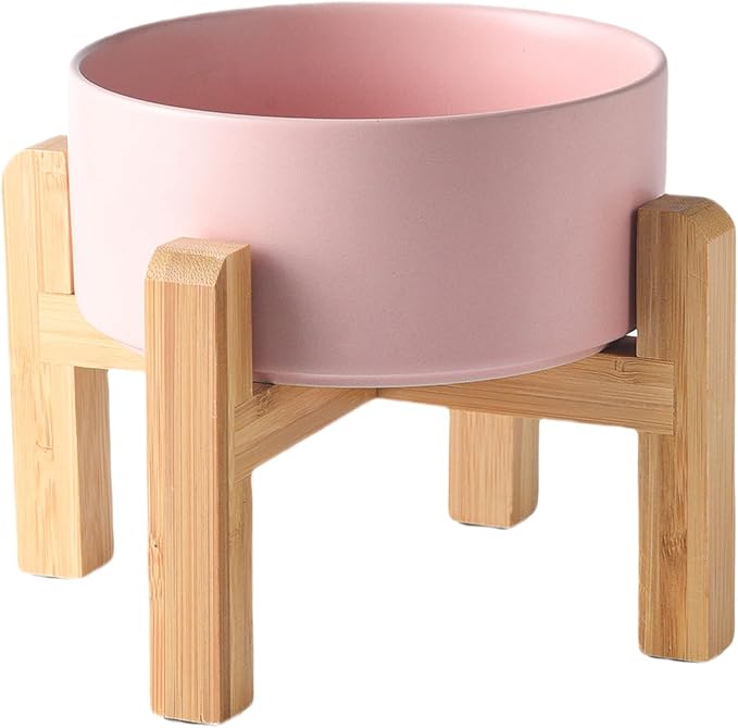 6'' Ceramic Raised Dog Bowl - 30Oz Dog Food & Water Bowl with Elevated Non-Slip Bamboo Stand, Dishwasher & Microwave Safe, Anti Vomiting Heavy Duty Pet Bowl for Small and Medium Dogs, Pink