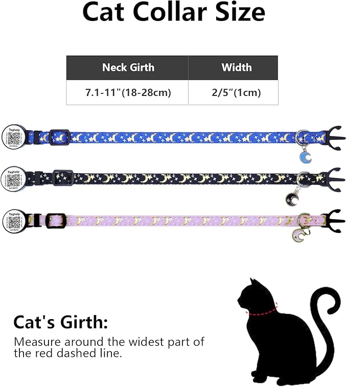 Cat Collar with Name Tag,3Pack. Breakaway Cat Collars with Moons Stars Cute Kitty Adjustable Safe Kitten Collars with Smart ID tag (Black & Blue & Pink, Just Collar)