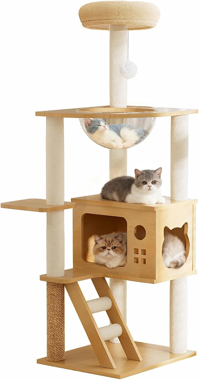 48.8" Cat Scratching Post, Tall Wood Cat Tree with Sisal-Covered Scratching Tower, Stable Cat Scratch Post for Indoor Cats, Modern Cat Tower with Top Perch & Acrylic Hammock for Small & Large Cats