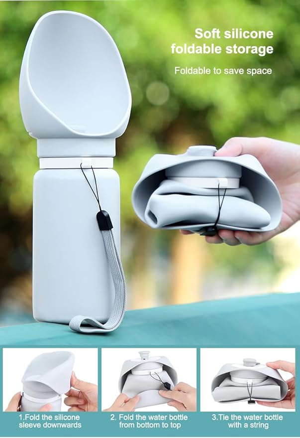 Portable Dog Water Bottle, 19 oz Capacity, Foldable Silicone Design, Leak-Proof Travel Bottle with Drinking Trough