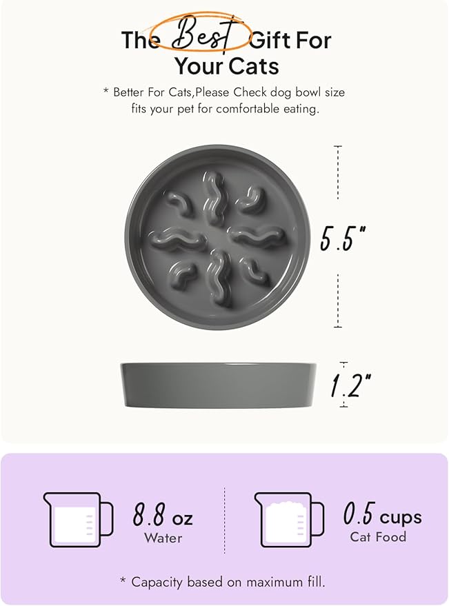 Ceramic Slow Feeder Dog Bowls Small Breed, 0.5 Cups Dog Food Dish for Fast Eaters, Puzzle Bowl for Small Dogs and Cats, 5.5 Inch-Grey