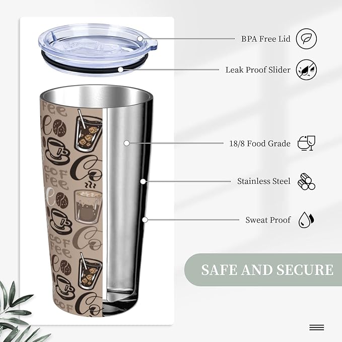 Tumbler with Lid and Straw, 20 Oz Stainless Steel Insulated Water Bottle Travel Coffee Mug