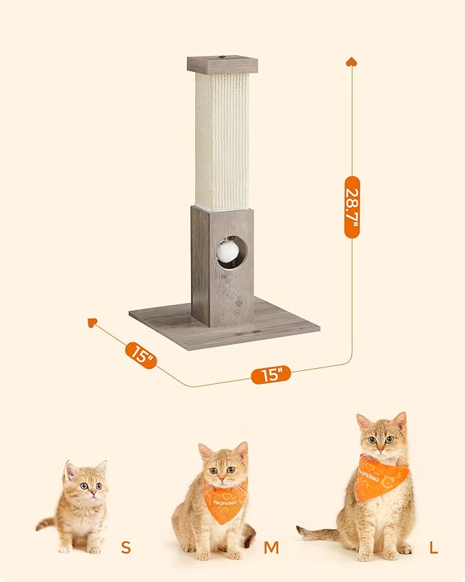 Feandrea Cat Scratching Post, Cat Scratcher for Indoor Cats, 28.7 Inches Tall, Furniture Scratching Deterrent Sisal Scratch Pole with Toy, Greige UPCA021G01