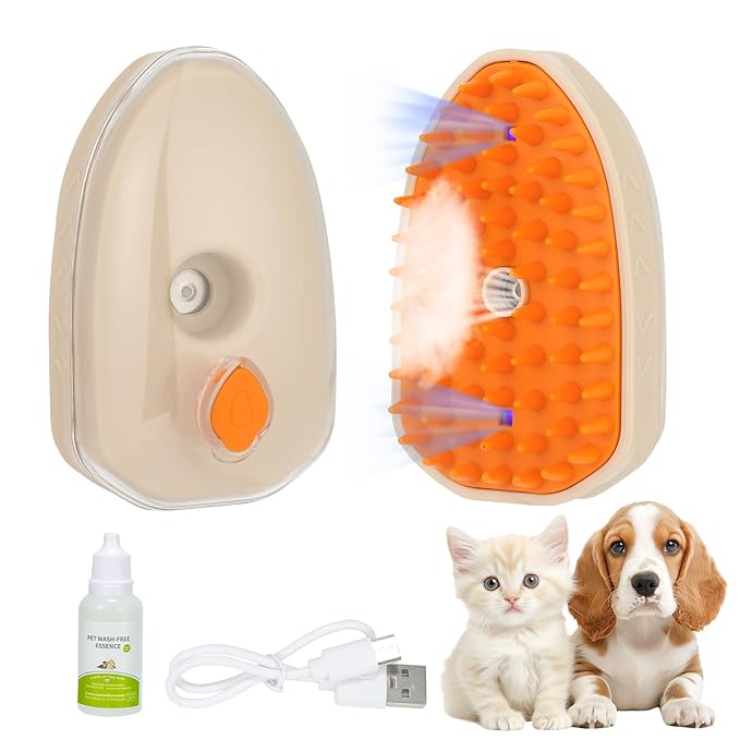 Pet Steam Brush for Dog & Cat, 5-In-1 Spray Comb for Hair Removal Deshedding & Grooming, Vibration Massage Hair Remover for Long & Short Pets Includes Rinse-Free Shampoo & Skin Checking Light