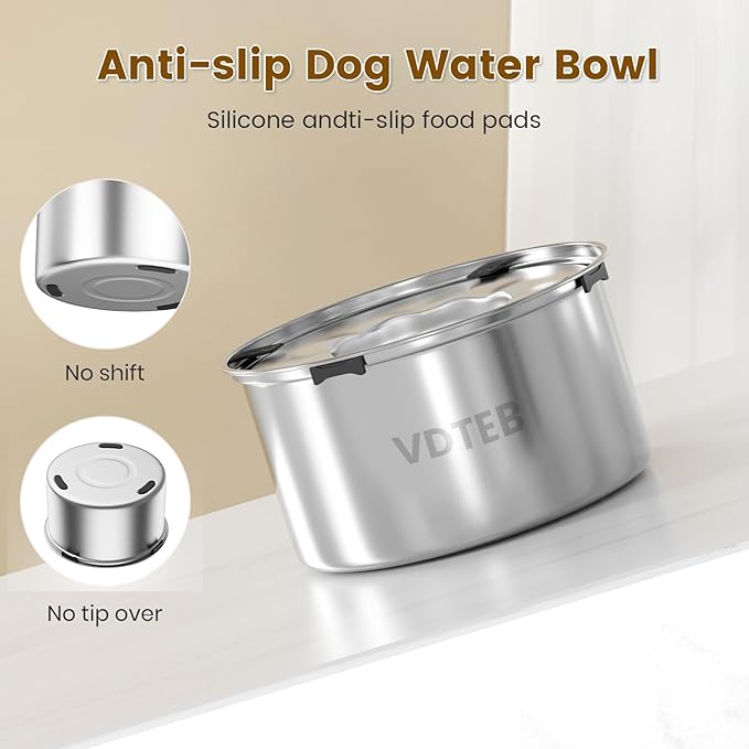 Dog Water Bowl No Spill,5.6LStainless Steel Dog Water Bowl with Anti-Slip,Spill Proof Slobber Stopper No Drip Slow Drinking Feeder for Sloppy Messy Drinkers,Indoor and Outdoor Use