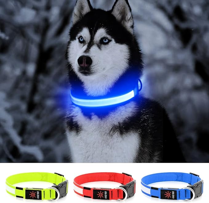YFbrite Ultra Light Adjustable LED Dog Collar, Light up Dog Collars Rechargeable Glowing in The Dark Collars Visiblity & Safety for Small, Medium, Large Dogs (Blue, Large)