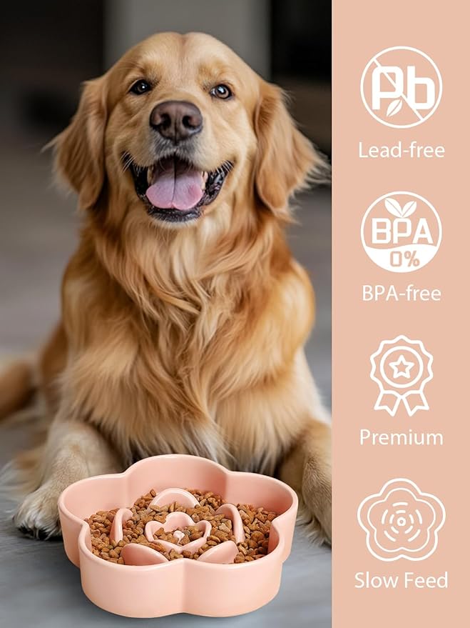 Ceramic Slow Feeder Dog Bowl, Anti-Choking Slow Food Bowls, 8" 11.3oz Slow Feeder for Medium, Large Breeds, Plum Puzzle Design, Non-Slip Silicone, Dishwasher and Microwave Safe, Pink