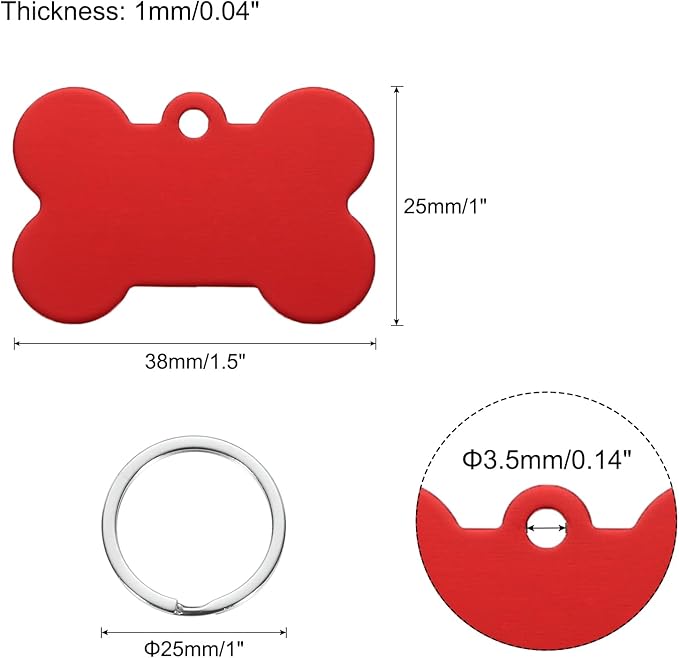 MECCANIXITY Bone Shaped Dog Tag Pet ID Tags, 38mmx25mm/1.5" x1 Metal Red Blank Dog Tags Cat Tags with Ring for Dog Cat, Pendant Crafts, Pack of 30