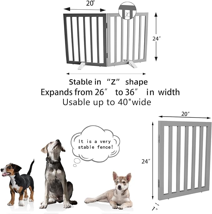ZJSF Freestanding Indoor Dog Gate for House Foldable Wood Puppy Gate for Doorways Pet Gate for Stairs Extra Wide Pet Fence, Grey, 24" Height 2 Panels