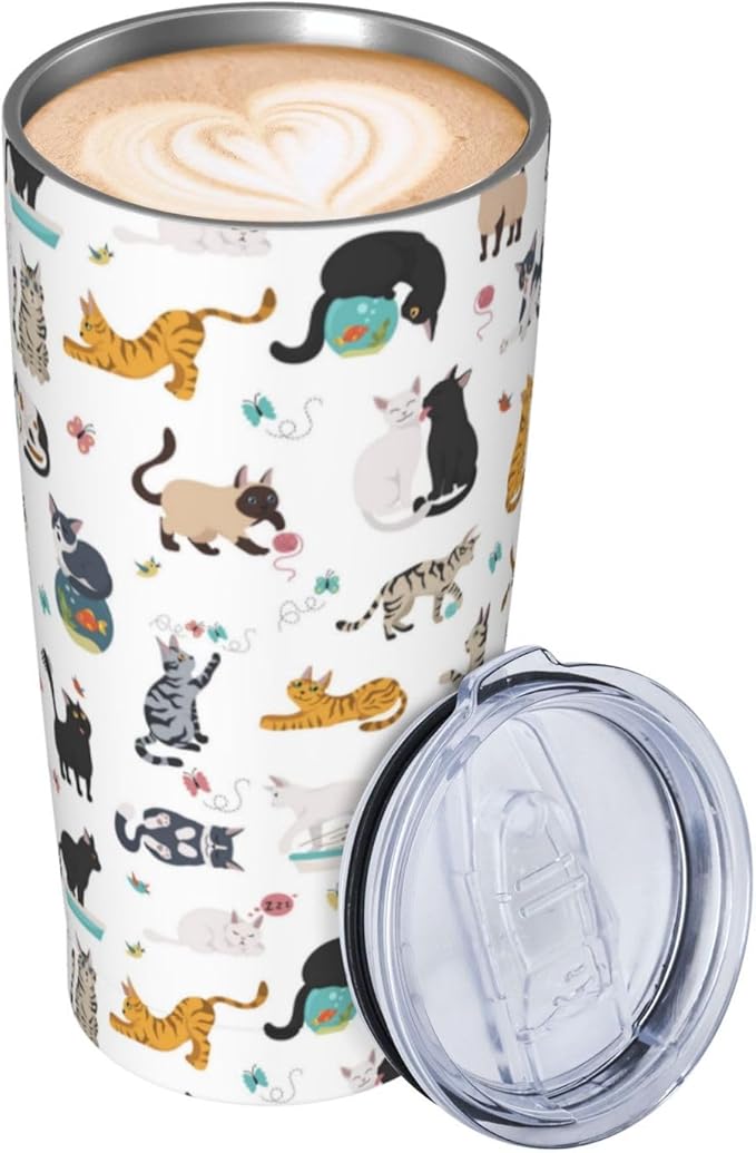 Cat Tumbler With Lid and Straw, 20 Oz Stainless Steel Insulated Water Bottle Coffee Mug, Gifts for Cat Lovers