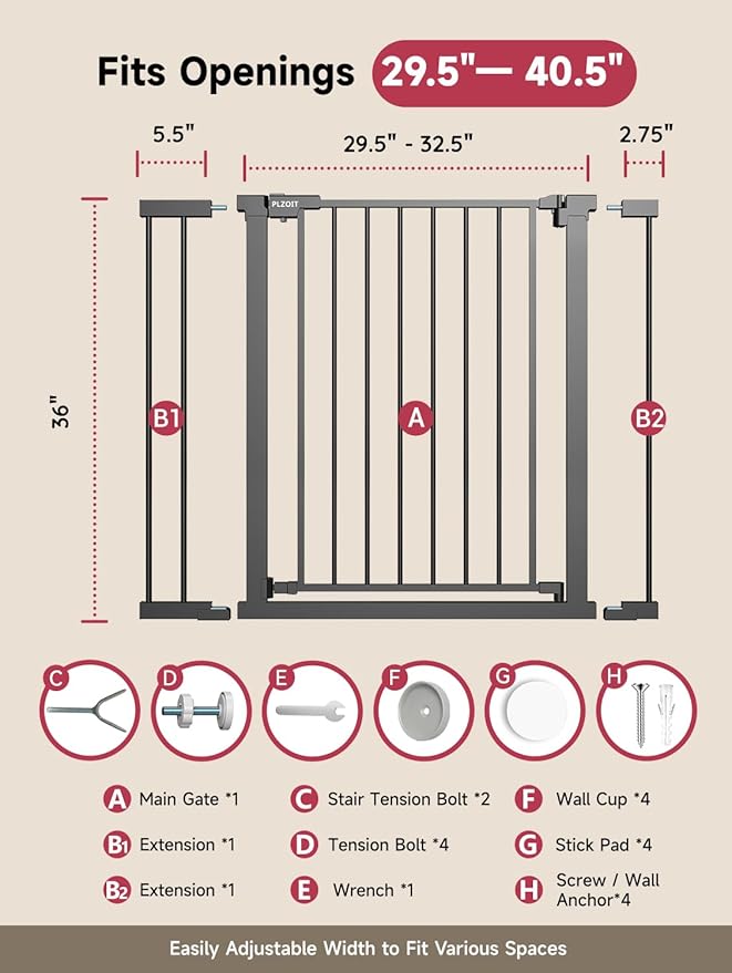 36" Extra Tall Baby Gate for Stairs, 29.5-40.5" Wide Dog Gate for Doorways, Walk Thru Auto Close Metal Pet Gate for The House, Stairs and Doorways, Child Gate Pressure Mounted Dog Gate Indoor - Black