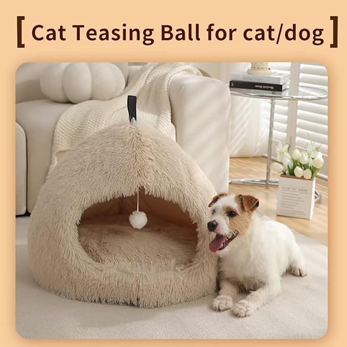 Hezotco Extra Large 24.8 in Cat Bed for Indoor Cats, Soft Fluff Indoor Dog House &Cat Cave for Small Dogs. Pet House for Puppy with Cat Teasing Ball (Light Brown)