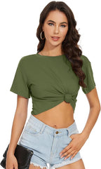 Womens Summer Crop Tops Short Sleeve Round Neck T-Shirts Loose Fit Casual Blouse