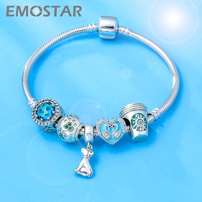 EMOSTAR Dog Paw Print Charms with Various Birthstone Crystals, 925 Sterling Silver Pawprint Beads for 3mm Snake Chain, Pet Lover Gifts for European Women Bracelet