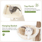 Globlazer Large Cat Tree Condos for Indoor Cats Large Adult, 70inch Tall Cat Tree Condo Tower with 4 Spacious Cat Condo Houses, 3 Sisal Scratching Posts, 2 Adjustable Hanging Baskets, F70C, Beige
