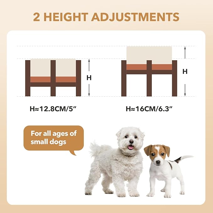 Ceramic 6.1inch Raised Dog and Cat Bowl Set, 2 Heights Elevated Wooden Stand for Small Breed Dogs, Weighted Pet Food and Water Dishes(6.1'',28.7oz, Vanilla White)