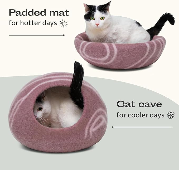 MEOWFIA Cat Cave – Premium Felt Cat Bed for Indoor Cats, Handmade 100% Merino Wool (Light Shades) (Large, Pink)