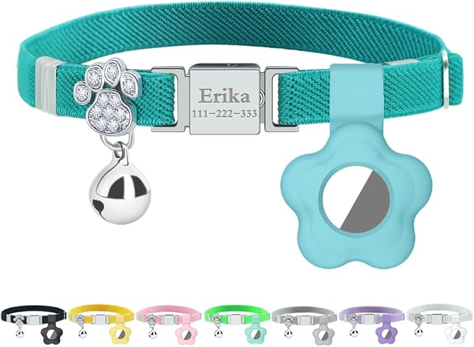 Personalized Safety Elastic Cat Collars with Bell Soft Silicone Cover for Air Tag,Laser Customized Stretch Kitten Collars for Girls Boys Cats (Cyan)