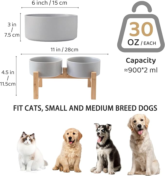 Raised Ceramic Dog Bowl Set - Elevated Dog Bowls with Non Slip Bamboo Stand, Food and Water Bowl Set for Small and Medium Breed Dogs, Pet Bowls, Weighted Dogs Dishes (6'', 2 * 30OZ, Grey)