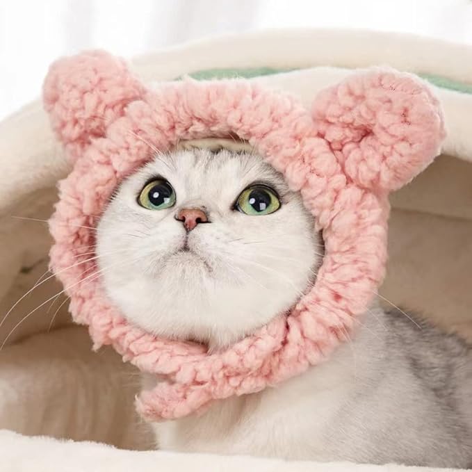 JOICEE Cute Cat Costume Warm Bear Hat Adjustable Soft Small Pet Headwear for Puppy Dog (Pink)