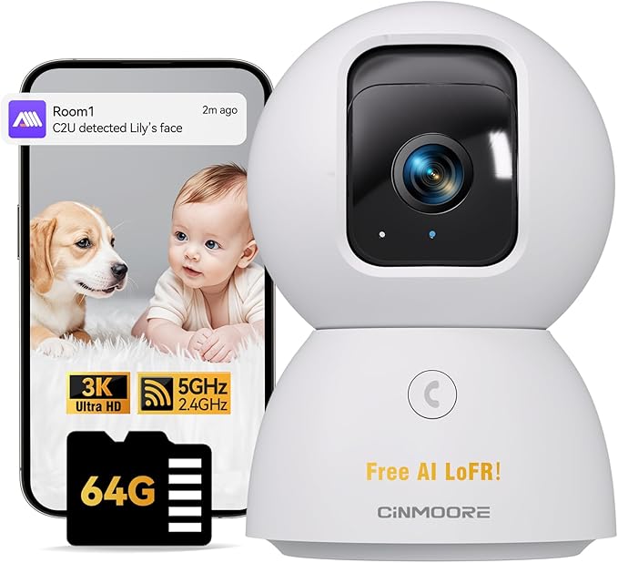 5G Security Camera Indoor, 3K Pet/Dog Camera with Speaker/Phone App, PTZ WiFi Baby Monitor Cameras for Home Security, 0-Glow Night Vision 2-Way Talk, AI Tracking Facial Recognition Time Lapse