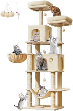 Taoqimiao Large Cat Tree，73-Inch Cat Tree Tower with 9 Scratching Posts for Indoor Cats, 2 Large Cat Condo with Hammock, Hanging Basket, 2 Extended Platform, Beige MS013XLM