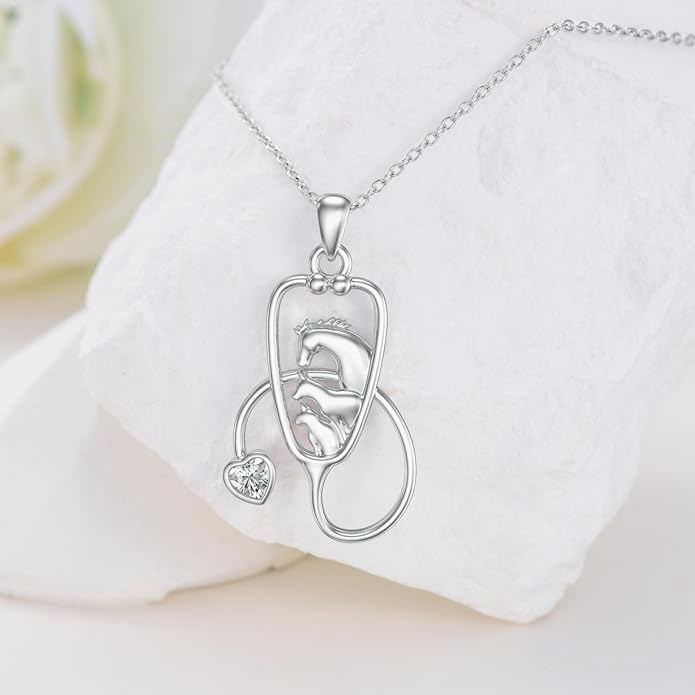 Birthstone Veterinary Stethoscope Necklace 925 Sterling Silver Nurse Vet Pendant with Dog Paw Nurse Jewelry Gifts for Veterinarian Nurse Women Veterinarian Gifts