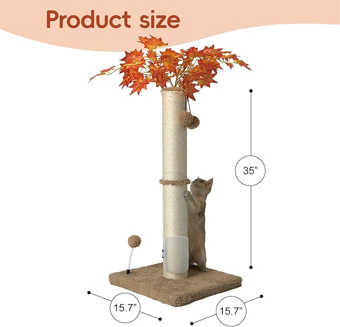 MECOOL Cat Scartching Post，35-inch Heavy Duty and Thicker Large Scartching Posts for Indoor Cats,Natural Sisal Rope and Hanging Ball Toy, Self-Grooming Brush,Beige
