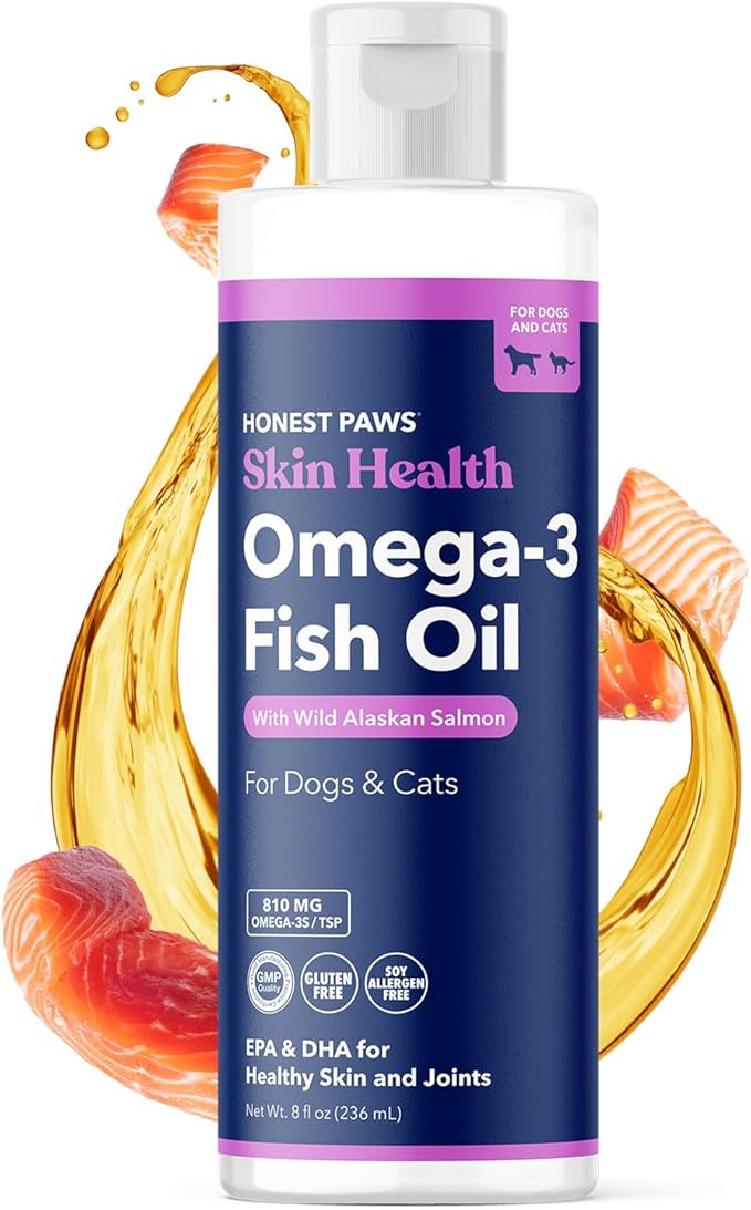 Honest Paws Salmon Oil for Dogs and Cats - Omega 3 Wild Alaskan Salmon Fish Oil - Healthy Skin, Joints, Nutritional Support, Shiny Coat - Fatty Acid, Pollock Oil - Sustainably Sourced - 8 Oz