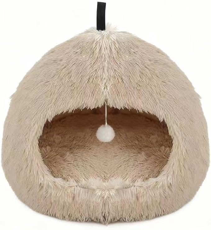 Hezotco Extra Large 24.8 in Cat Bed for Indoor Cats, Soft Fluff Indoor Dog House &Cat Cave for Small Dogs. Pet House for Puppy with Cat Teasing Ball (Light Brown)