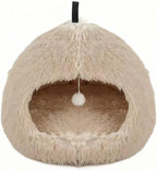 Hezotco Extra Large 24.8 in Cat Bed for Indoor Cats, Soft Fluff Indoor Dog House &Cat Cave for Small Dogs. Pet House for Puppy with Cat Teasing Ball (Light Brown)