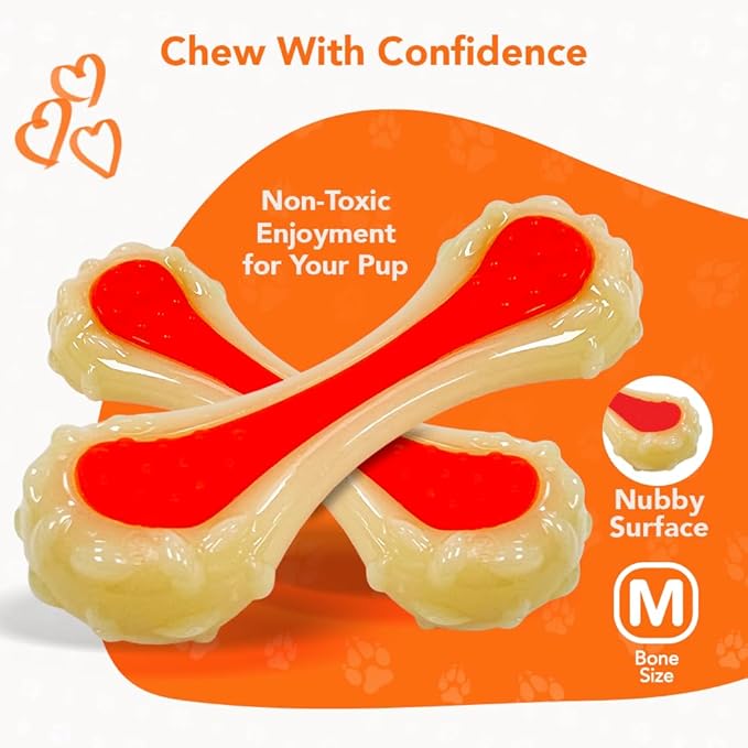 Dental Bone Chew Pet Toy Medium, Bacon-Scented Durable Dog Toys for Aggressive Chewers, Orange