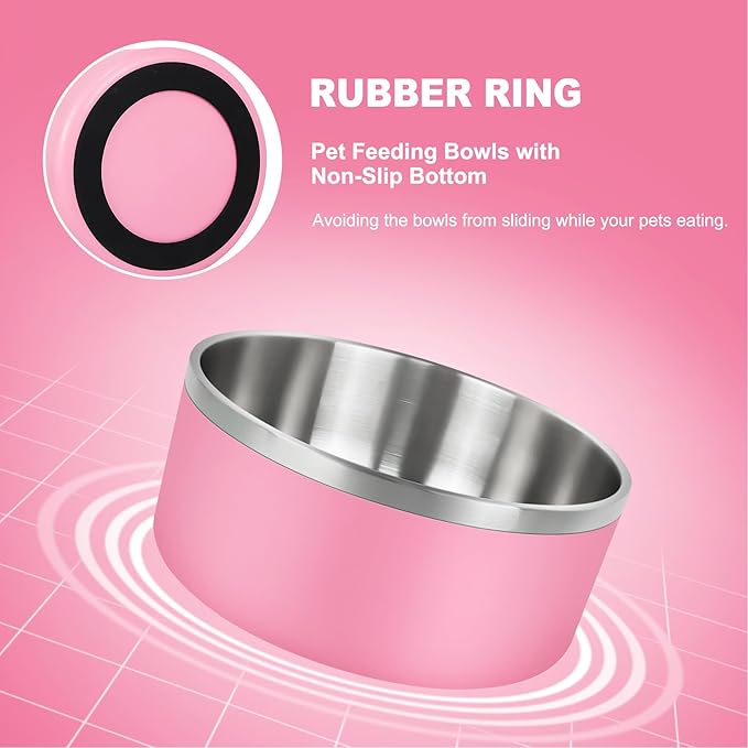 LIHONG Stainless Steel Dog Bowls for Large Dogs,Dog Food Water Bowls with Non Slip Rubber Bottom,Pet Feeding Bowl,Double Wall Insulated,Rustproof(64oz,Pink)