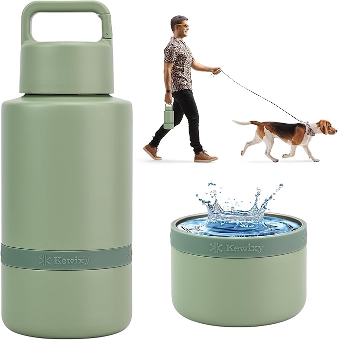 Insulated Dog Water Bottle with Travel Bowl, Dog Lover Gift, Portable Water Bottle Dispenser, Accessories for Car, Hiking, Camping, Outdoor, Leak-Proof, Detachable (Sage Green)