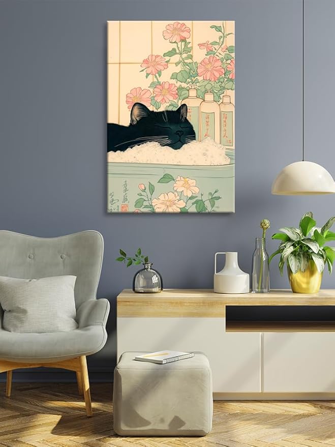 Relaxation Japanese Poster Print Cute Black Cat Wall Art Decor Bathtub Pink Flowers and Green Leaves Picture Canvas Minimalist Japan Artwork for Bathroom Bedroom Toilet Kids Room 16x24inch Framed