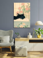 Relaxation Japanese Poster Print Cute Black Cat Wall Art Decor Bathtub Pink Flowers and Green Leaves Picture Canvas Minimalist Japan Artwork for Bathroom Bedroom Toilet Kids Room 24x36inch Framed