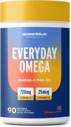 Oceanblue Essentials Everyday Omega 3 – 90 Count – Burpless Fish Oil Supplement with Vitamin D3 – EPA & DHA for Heart and Immune Support – Non-GMO – Tasty Orange Flavor – 3 Month Supply