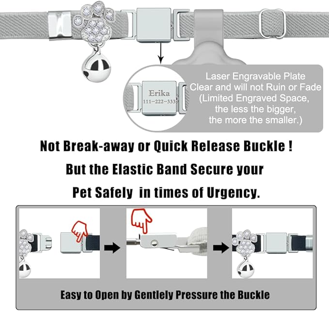 Personalized Safety Elastic Cat Collars with Bell Soft Silicone Cover for Air Tag,Laser Customized Stretch Kitten Collars for Girls Boys Cats (Grey)
