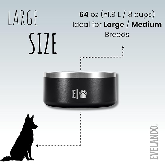 EVELANDO® Premium Dog Food Bowl 64 oz Stainless Steel 8 Cups Medium Large Dog Bowls Non Slip & BPA-Free L X XL Pet Water Bowl Platos para Perros Indoor Outdoor Pet Dish Feeder Water and Food Dish