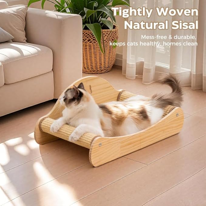 Avont Sisal Cat Scratcher Bed, Natural Solid Wood Scratch Lounger, No Mess Scratching Chair Couch for Indoor Cats, 23 Inch Cat Scartching Pad, 2 in 1 Scratching Board, Furniture Protector -Large