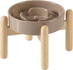 6.1inch Ceramic Raised Slow Feeder Set, Elevated Bowl with Wooden Stand for Small Dog and Cat, Puzzle Slow Dog Food Dish, Preventing Choking(Brown Coffee, Single Bowl+ Stand)