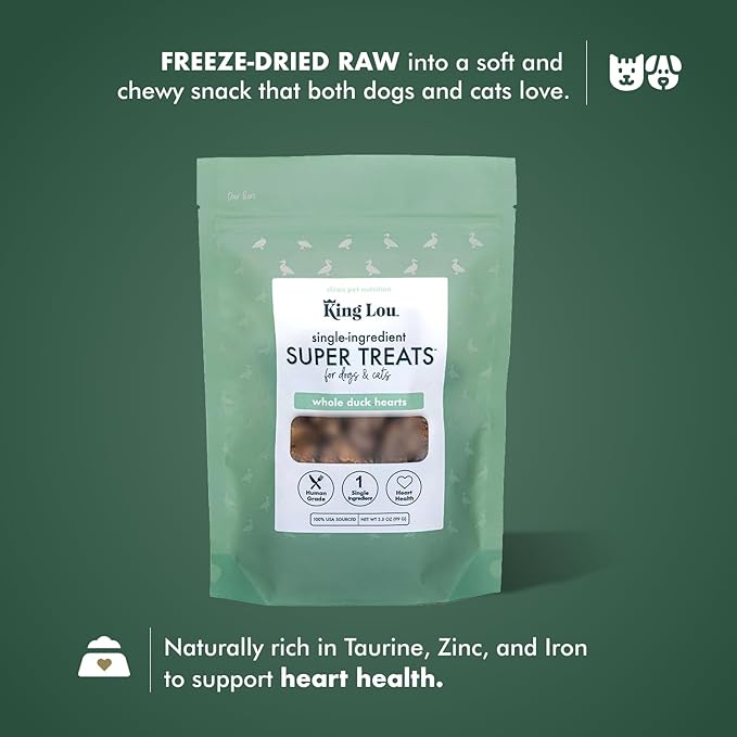 King Lou Pets - Whole Duck Hearts for Dogs and Cats - USA-Made Freeze Dried Duck Hearts - Taurine, Zinc, and Iron - 1lb Prior to Freeze Drying