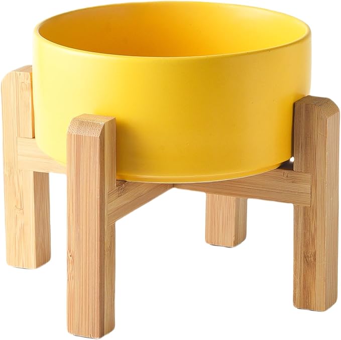 6'' Ceramic Raised Dog Bowl - 30Oz Dog Food & Water Bowl with Elevated Non-Slip Bamboo Stand, Dishwasher & Microwave Safe, Anti Vomiting Heavy Duty Pet Bowl for Small and Medium Dogs, Yellow
