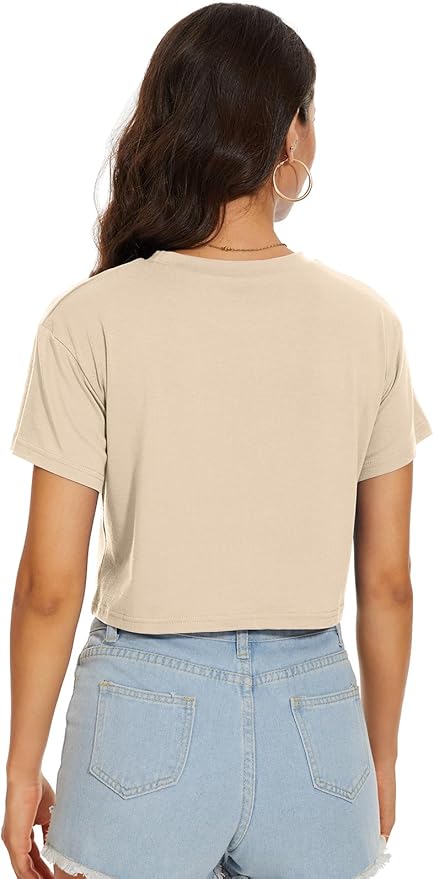 Womens Summer Crop Tops Short Sleeve Round Neck T-Shirts Loose Fit Casual Blouse